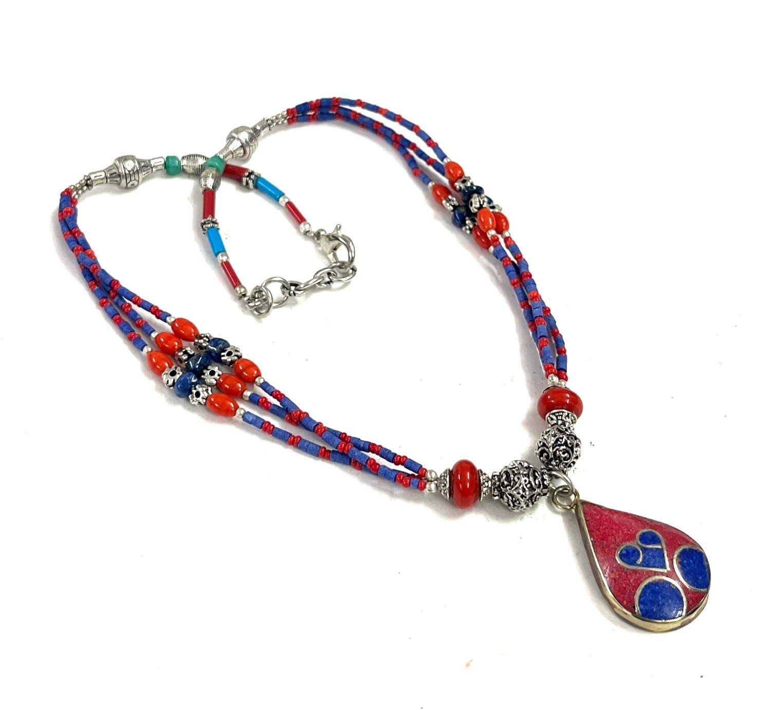 Antique Red Coral Lapis Gemstone Tibetan Bohemian Necklace Jewelry, 18 Inc Adjst