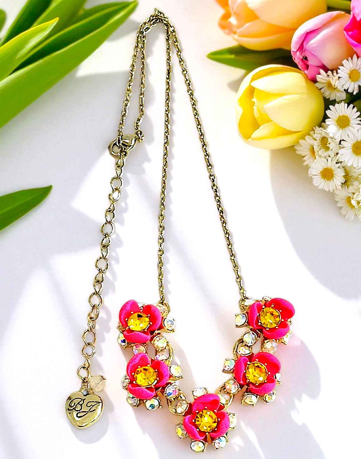 Pink And Green Crystal Flower Gold Chain Necklace With Adjustable Chain By BJ