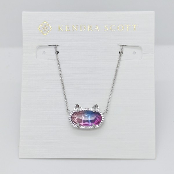 New Kendra Scott Elisa Silver Cat Kitty Pendant Necklace in Watercolor