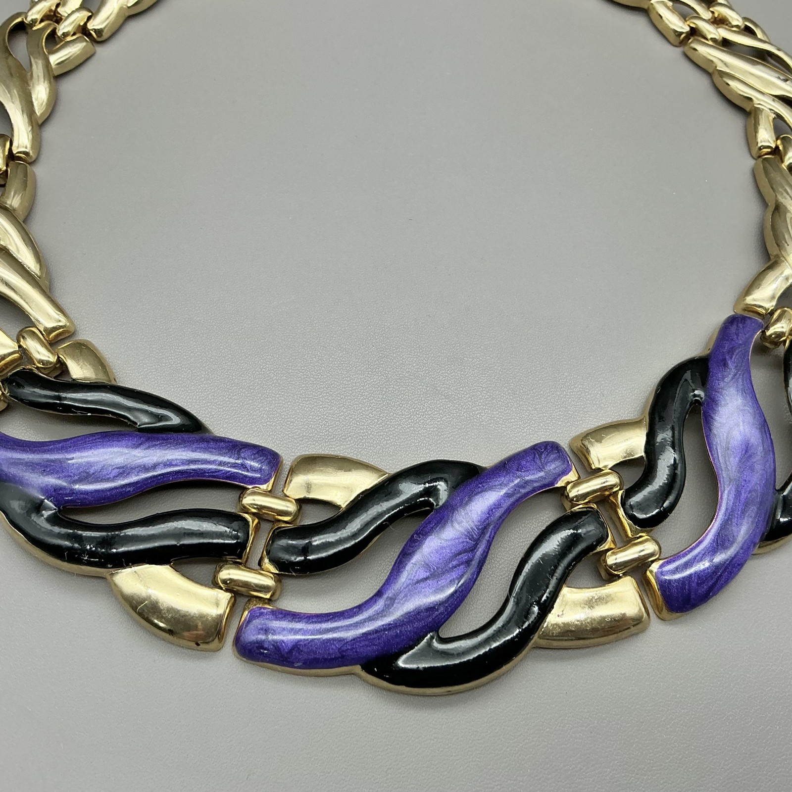 Necklace Statement Collar Gold Tone Purple Black Enamel Wave Womens Jewelry