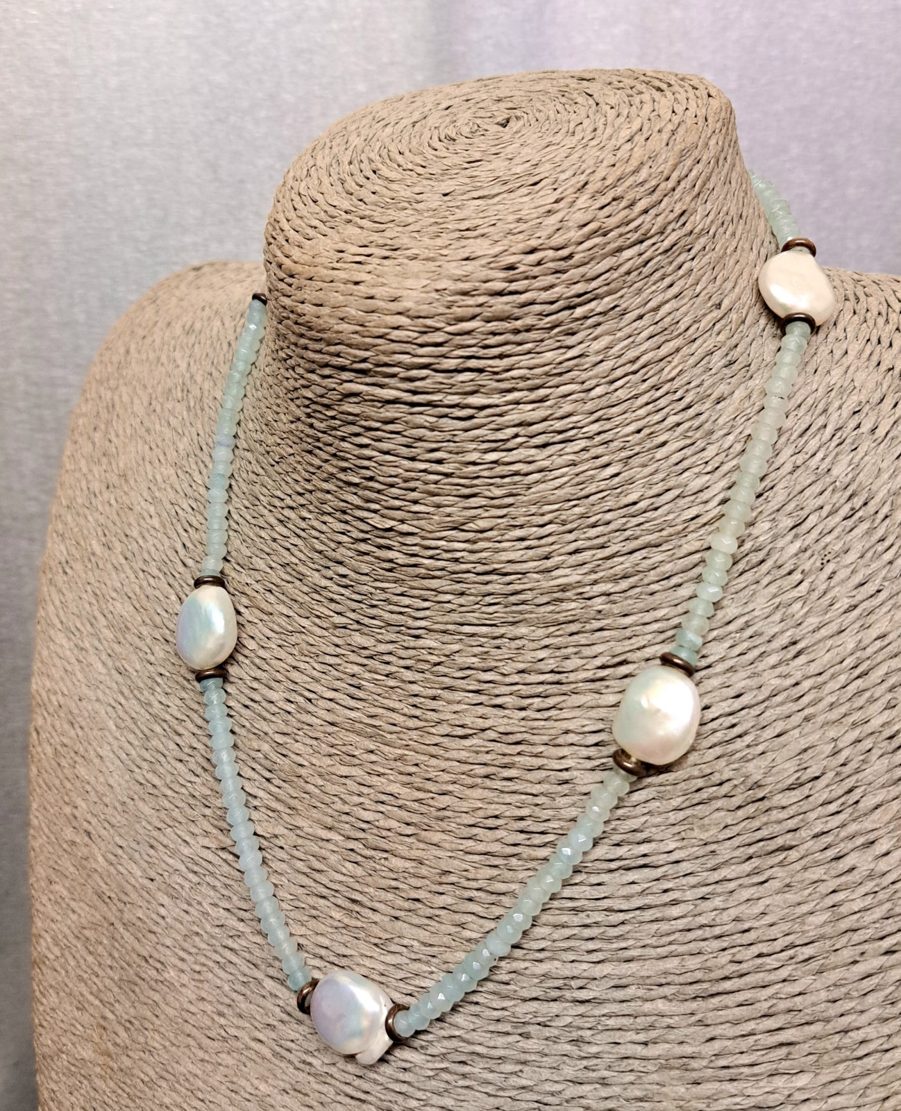 Vintage Necklace Coin pearls/ Faceted Gemstone Amazonite 46cm long