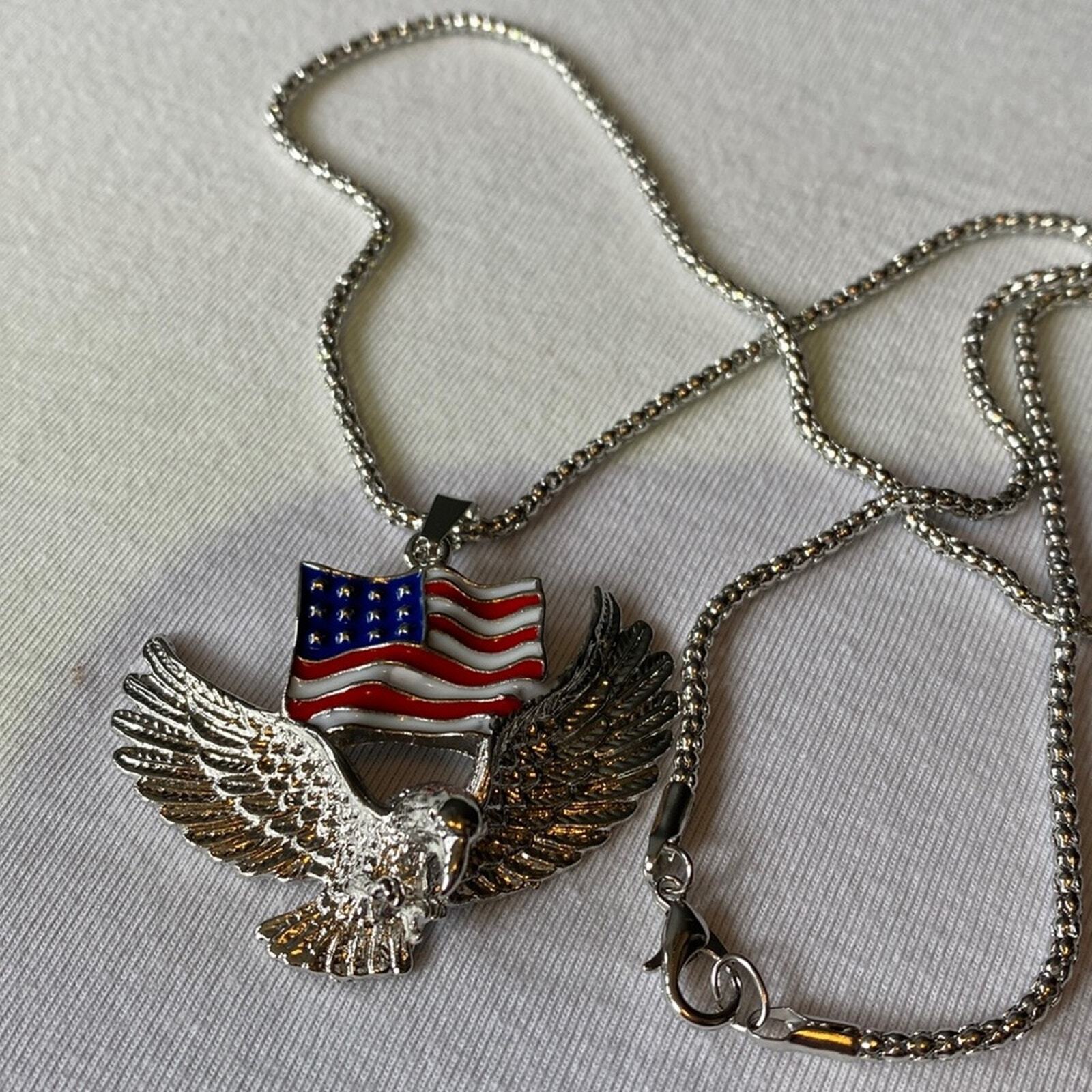 New Fashion Jewelry Necklace Unisex Adult American Flag Eagle Silver Plated Punk