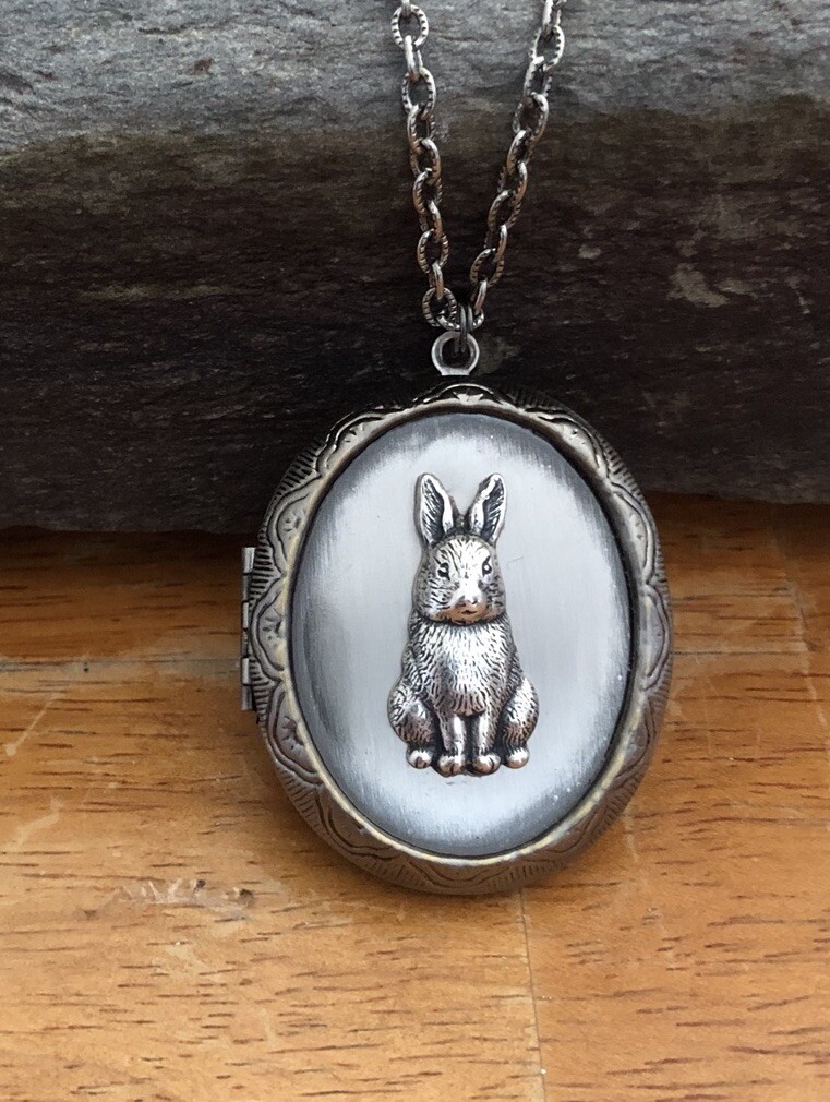 Bunny Rabbit Locket Necklace Antique Silver Victorian Photo Pendant