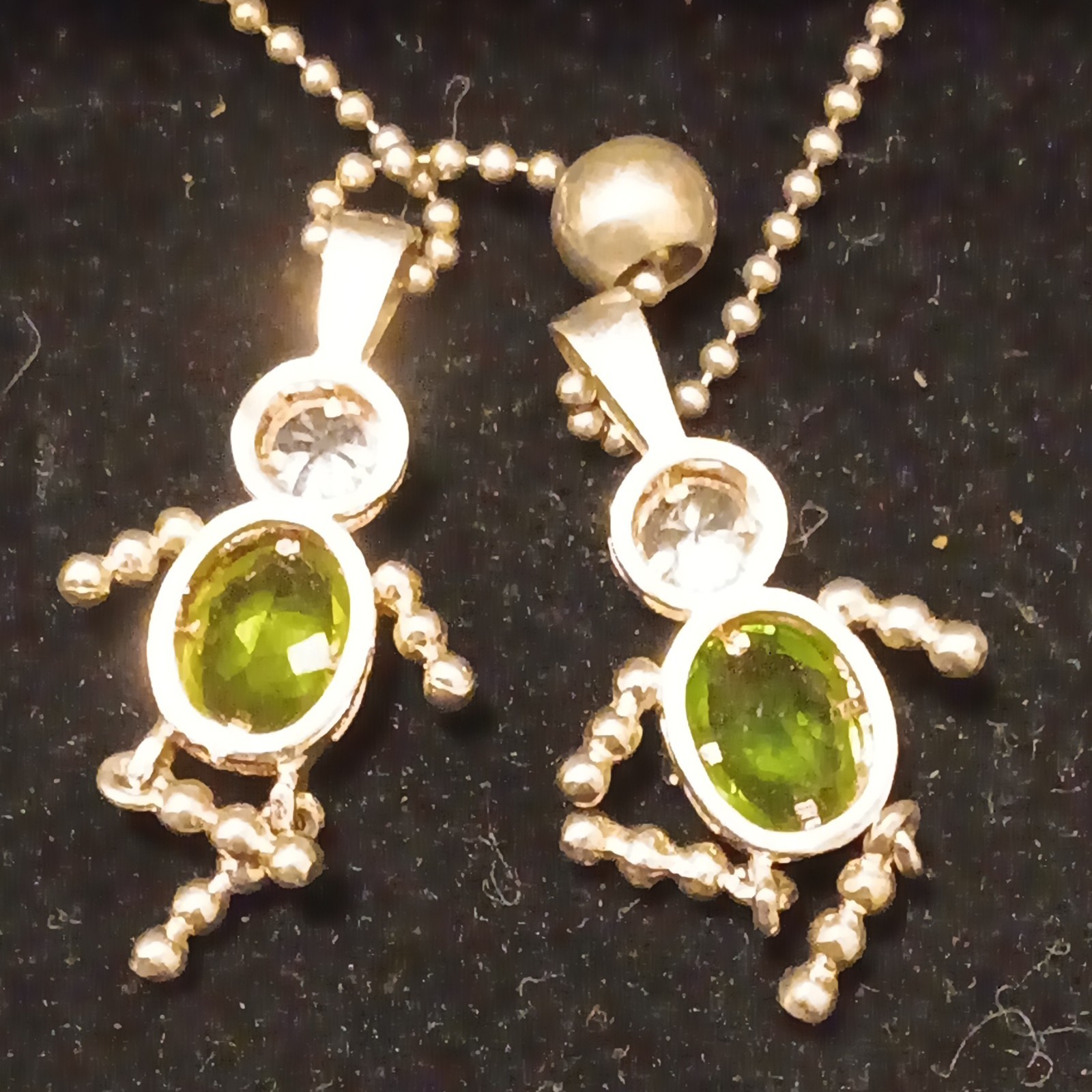 Vintage 925 Italy Silver Bead Chain Necklace Green Peridot Rhinestone Boy Girl