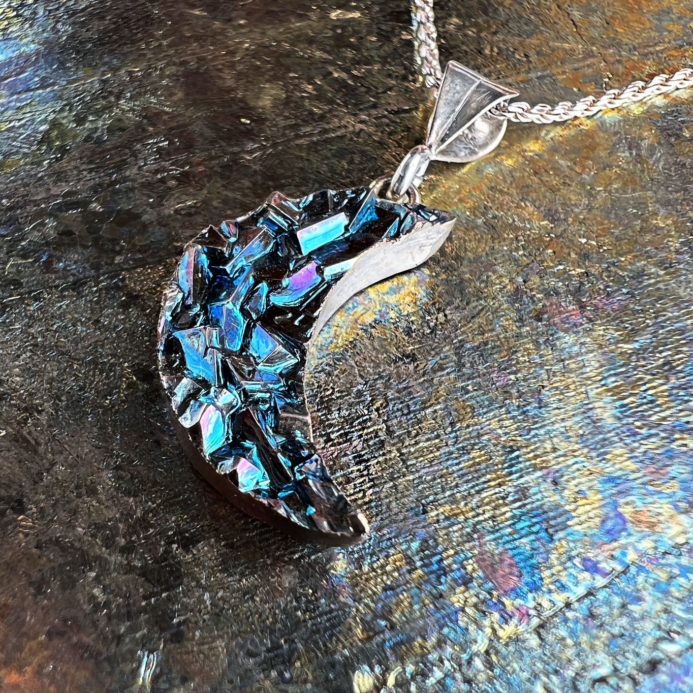 Bismuth crystal blue moon necklace, new, handmade, celestial jewelry Element 83