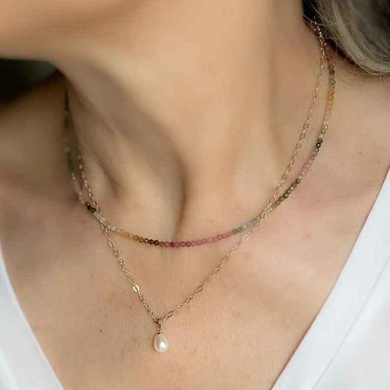 Watermelon Tourmaline 2mm Beaded Choker Healing Dainty Women Boho Necklace Gift