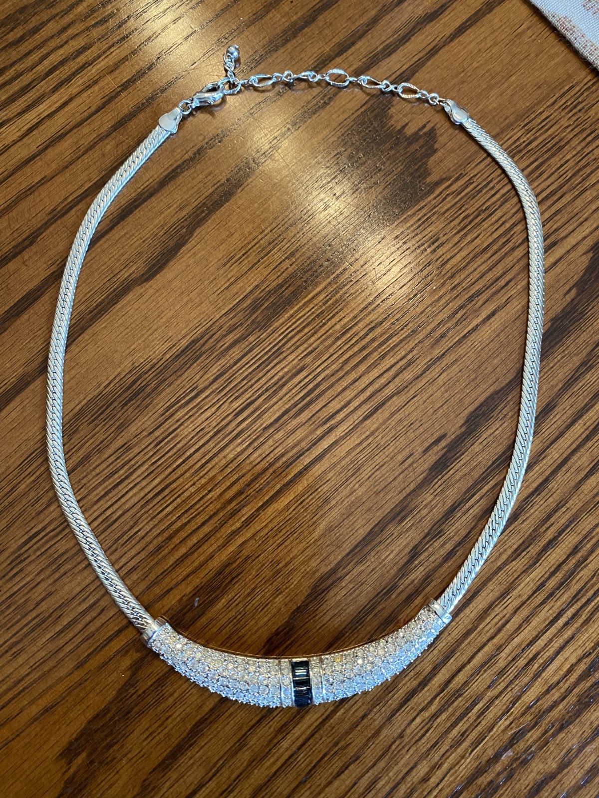 2043 Vtg Signed Roman CZ & Blue glass Silver tone necklace 18-20″