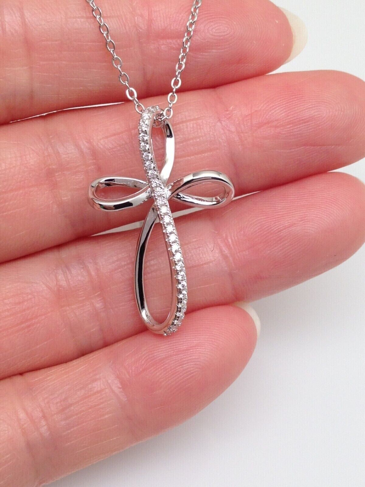 925 Sterling Silver Cz Infinity Cross Pendant Necklace Womens 28mm(1.1″) 16-18″
