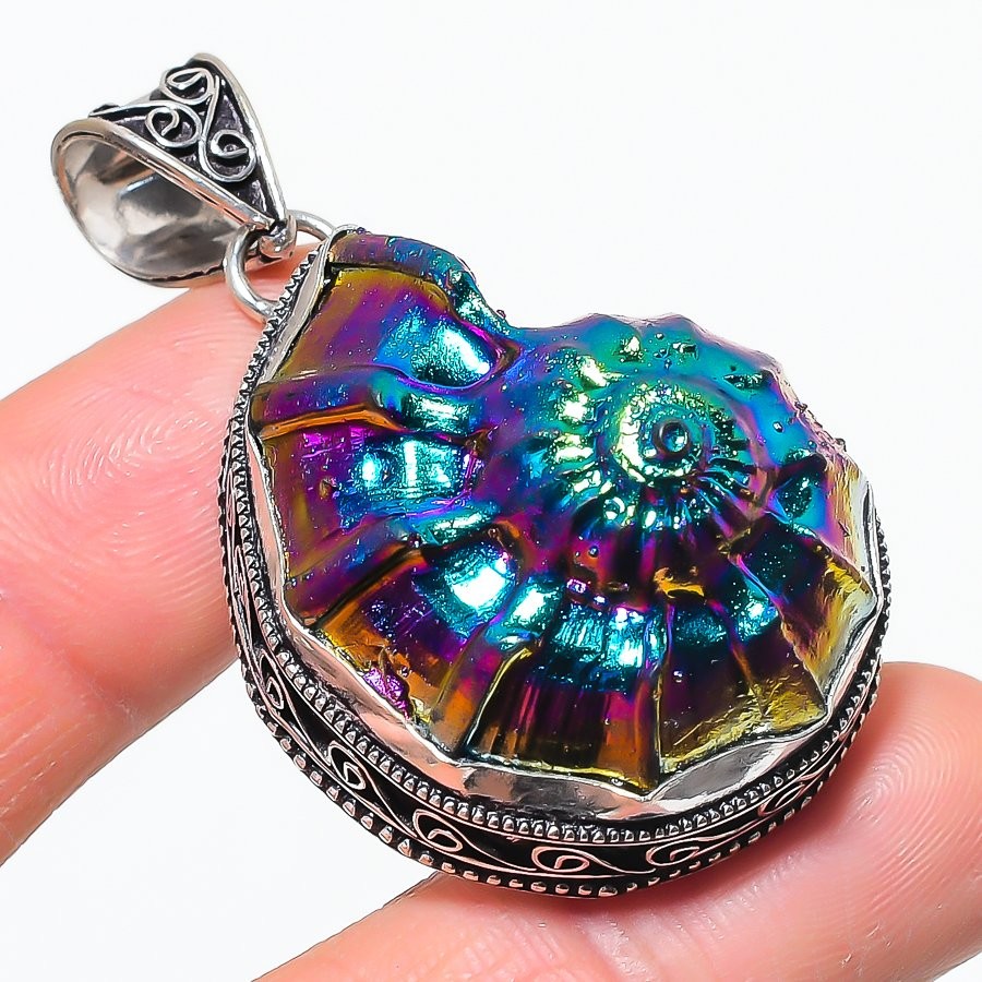 Ammolite Fossil Gemstone Pendant Handmade Beautiful Vintage Jewelry 2.3″ VP 3010