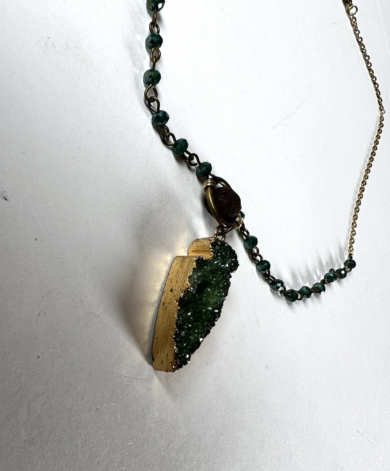 Green Druzy Arrowhead Shaped Pendant Necklace Lava Rock & Beaded Chain