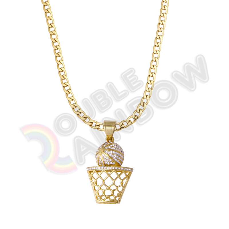 CZ Basketball Sports Stainless Steel Pendant Necklace 6mm Cuban Chain*P158