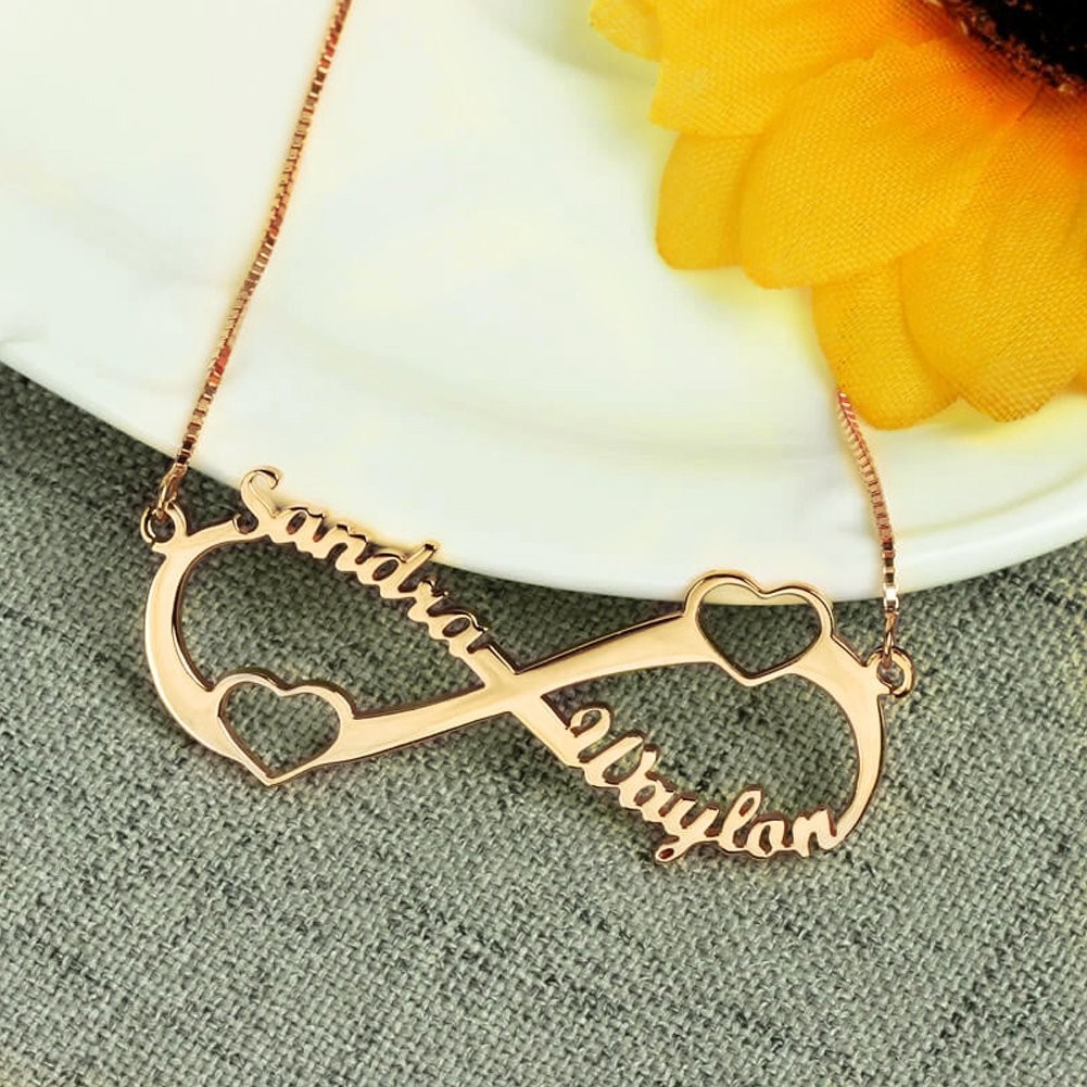 Personalized Infinity Name Necklace with Two Cut Out Heart Custom Made with Name