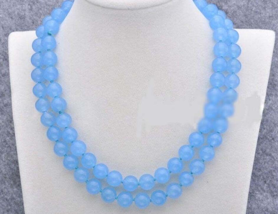 Natural AAA 10mm Blue Chalcedony Gemstone Beads Round Necklace 35” AAA