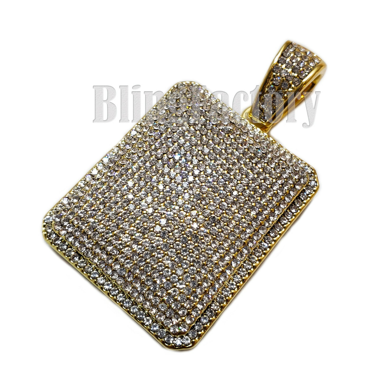 HIP HOP FULL ICED CUBIC ZIRCONIA GOLD PLATED BLING SQUARE DOG TAG CHARM PENDANT
