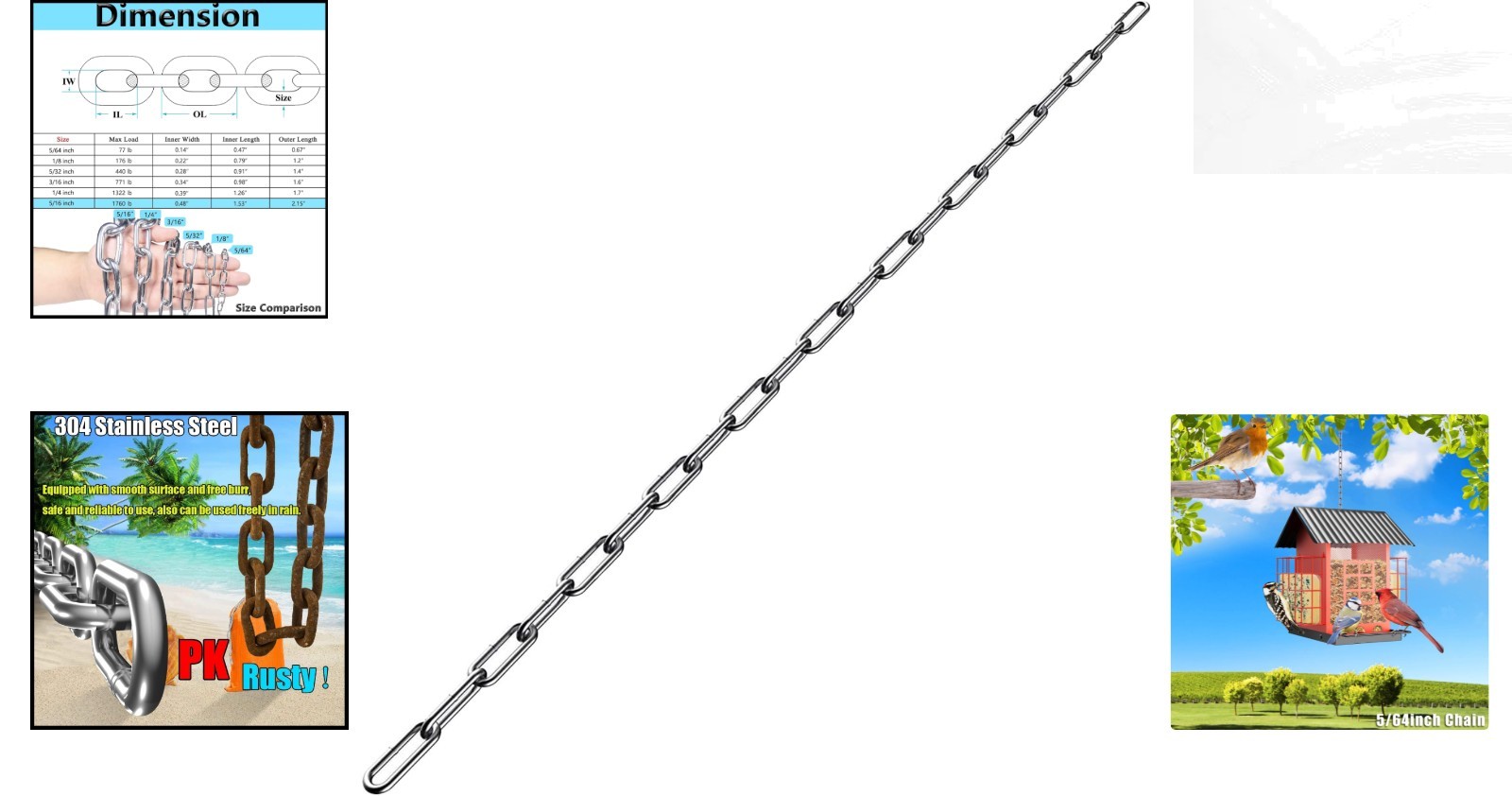 5/64in Light Duty Stainless Steel Chain – 6.5ft Rust Resistant for Home & Garden