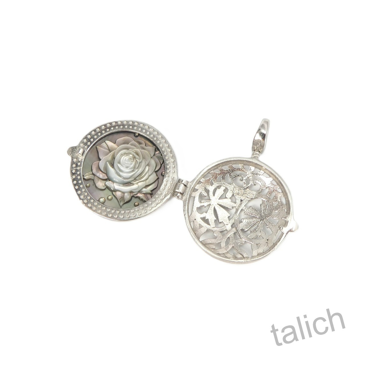925 Sterling Silver Black Mother of Pearl Bee & Rose Cameo Locket Pendant Unique