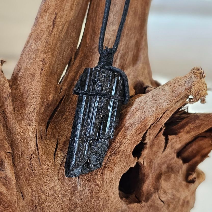 Natural Raw Black Tourmaline Warped Pendant Amulet Protection Stone Necklace