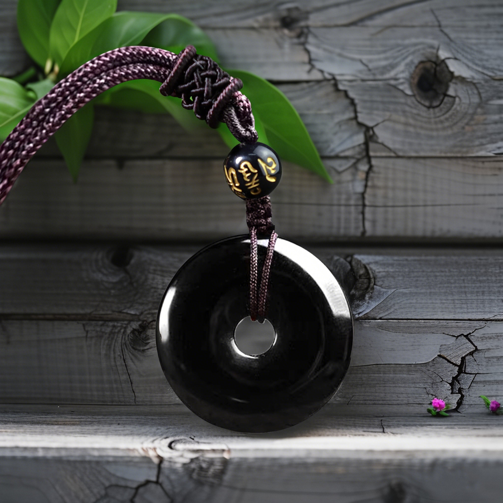 Black Obsidian Necklace 26mm Donut Pendant Guardian Amulet Adjustable Cord 18in