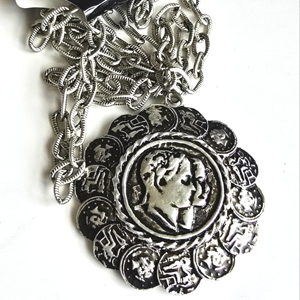 Judy Lee Napoleon Pendant Necklace – Silver Toned Coins Pendant
