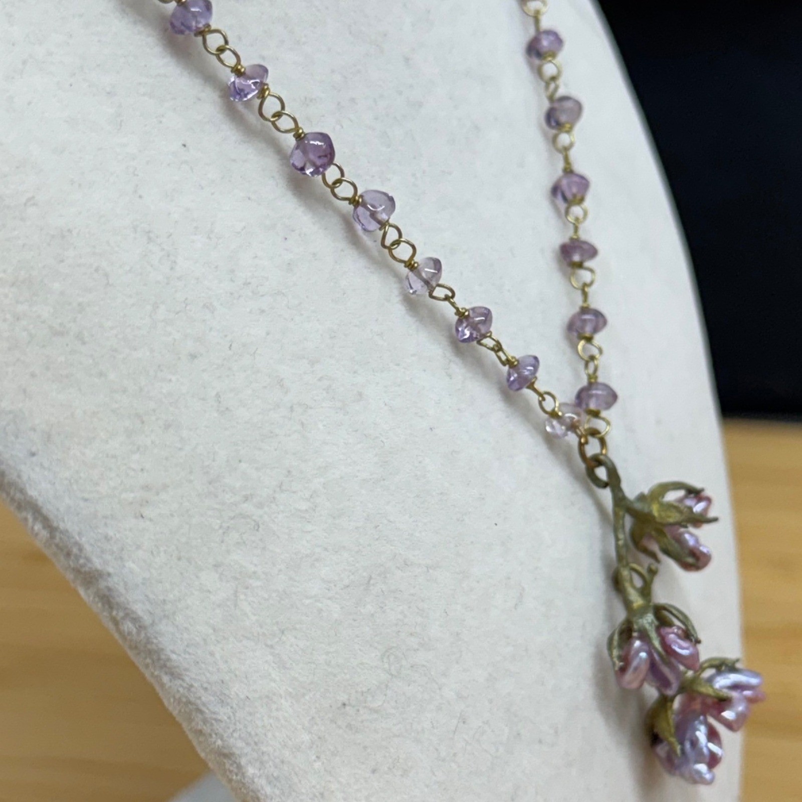 Amethyst Beaded Necklace Lavender Keshi Pearl Flower Branch Pendant Brass Tone