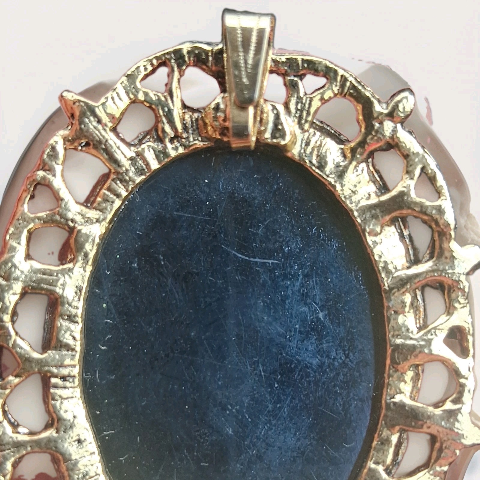 Vintage Black Scorpio Pendant, Gold-Tone Metal Bezel Setting, Ornate Frame