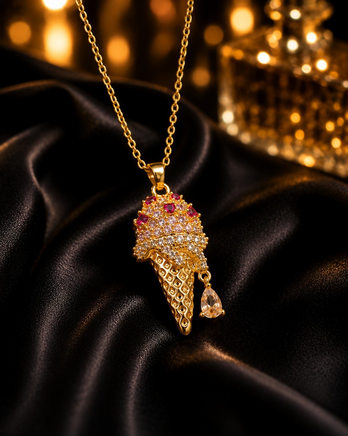 Ice Cream Cone CZ Crystal Pendant Necklace – Gold Tone, Pink Accents, 18″ Chain