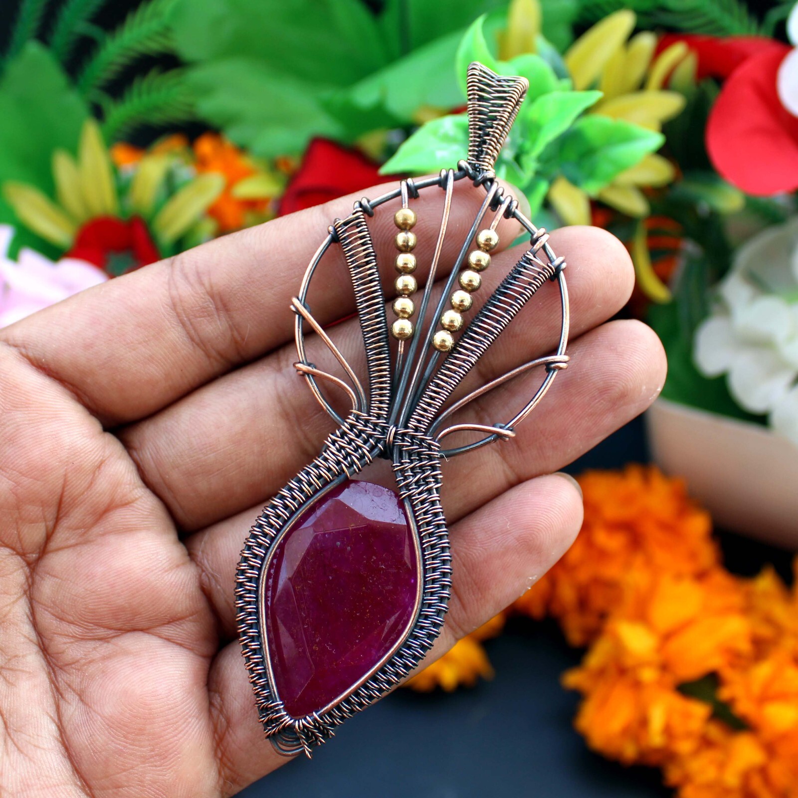 Kashmiri Ruby Handmade Pendant Copper Wire Wrapped Pendant Ruby Gemstone Jewelry