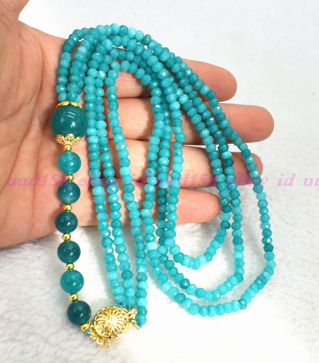 3Rows Natural 2X4mm Faceted Blue Aquamarine Gems Rondelle Beads Necklace 17-19”