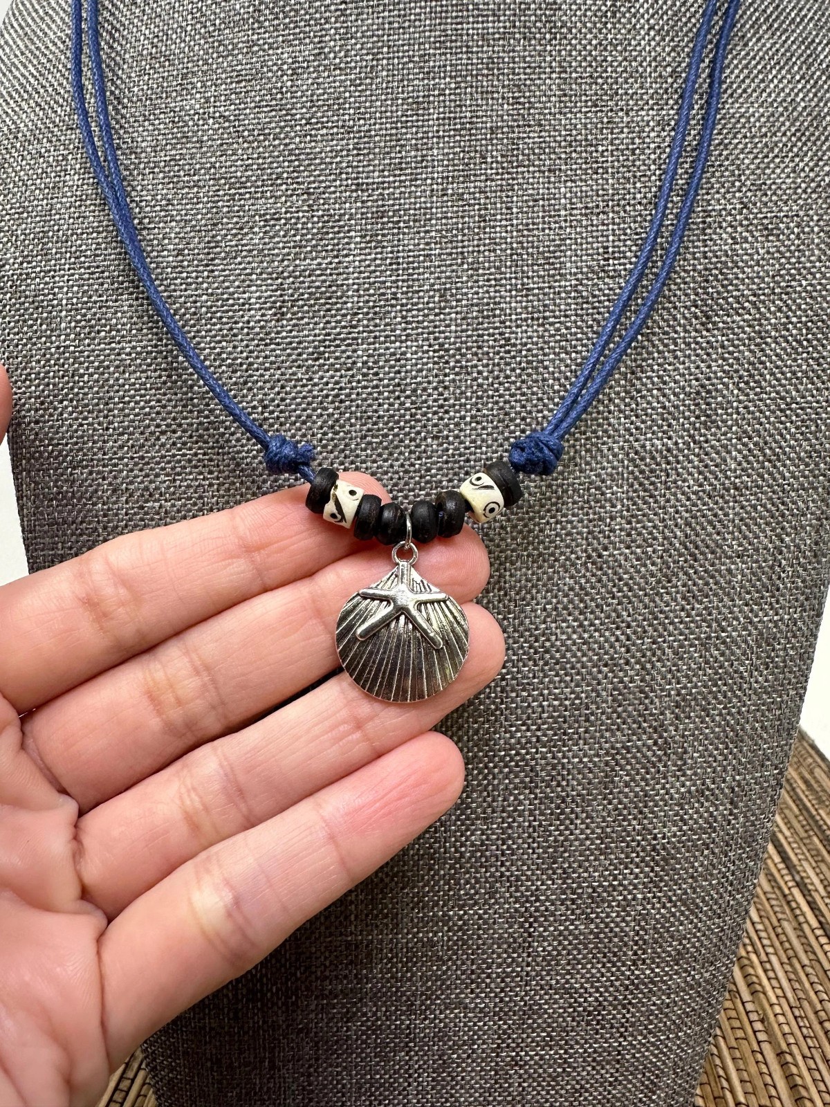 Seashell & Starfish Pendant Necklace | Silver Tone | Navy Blue Cord | Beach