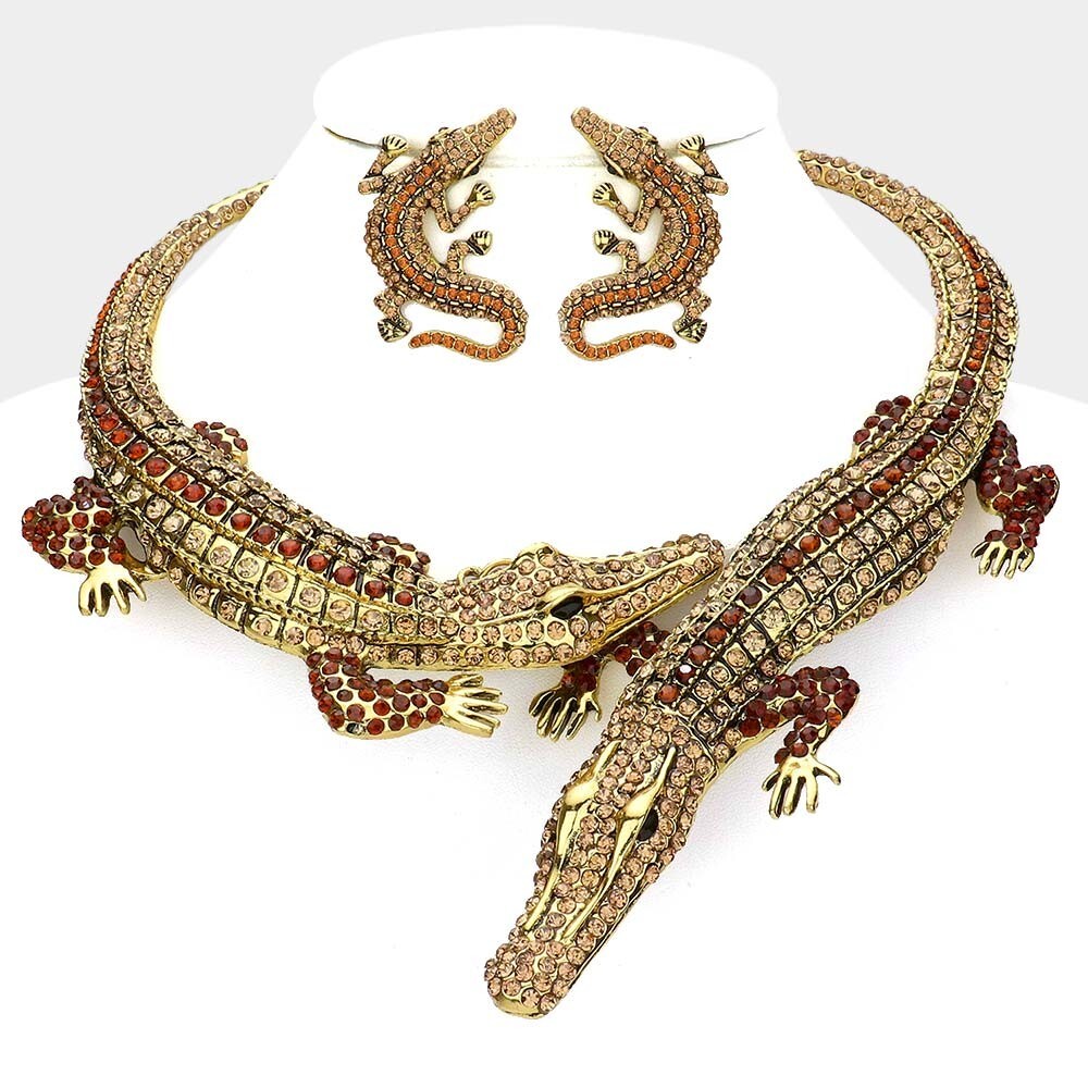 Crystal Bib Alligator Necklace Crocodile Choker Chain Necklace Earrings Set