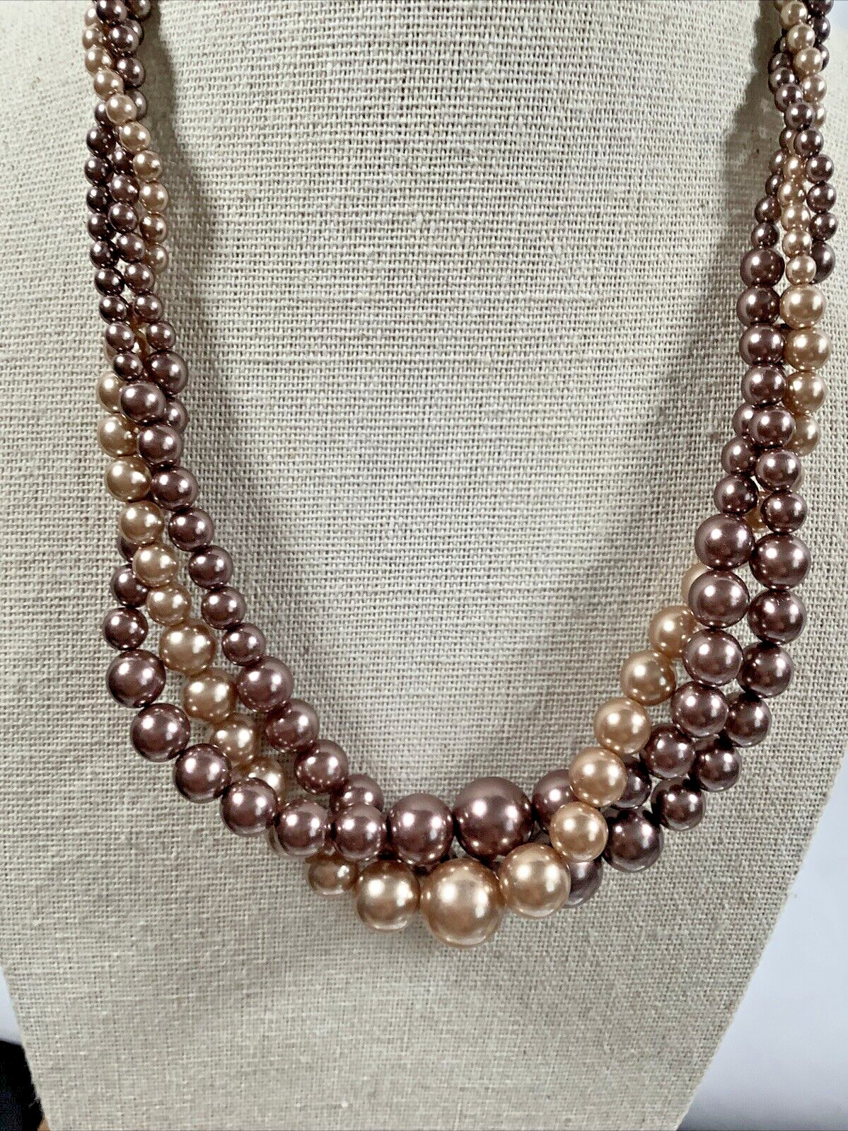 Roman RMN Bronze Champagne Faux Pearl Twisted Multi Strand Beaded Necklace 17″