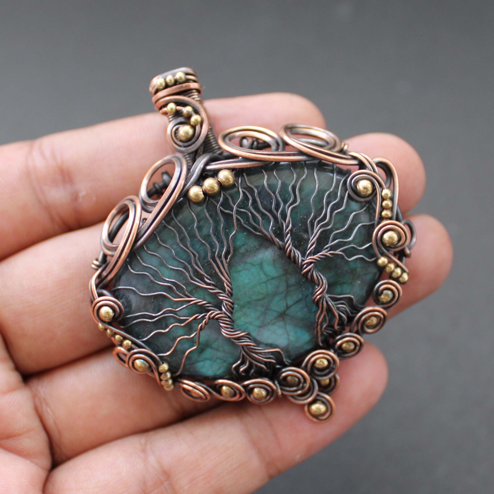 Labradorite Jewelry Copper Wire Wrapped Pendant Double Tree Of Life Pendant