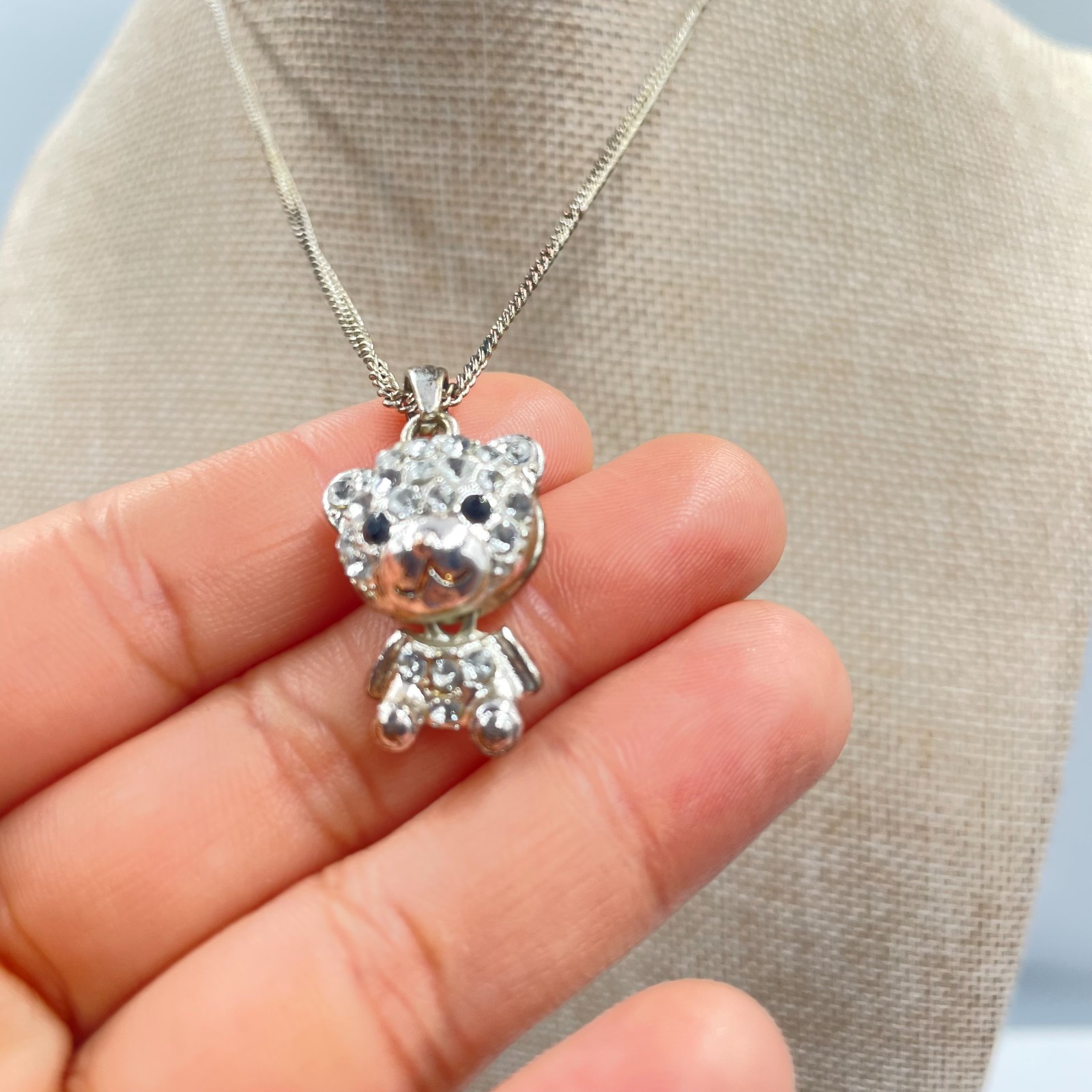 Adjustable Silver-Tone Curb Chain Rhinestone Pave Teddy Bear Pendant Necklace