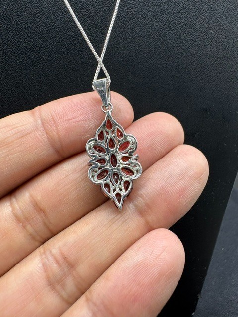 Natural Red Garnet Floral Cluster Pendant, Sterling Silver Statement Jewelry