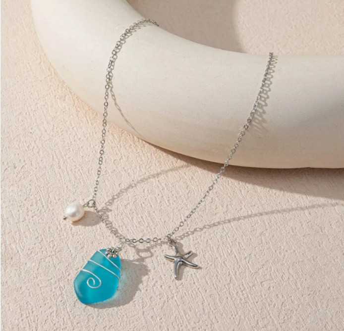 Beach Sea Glass Necklace Blue Silver Starfish Pearl Charms Turquoise Silver New
