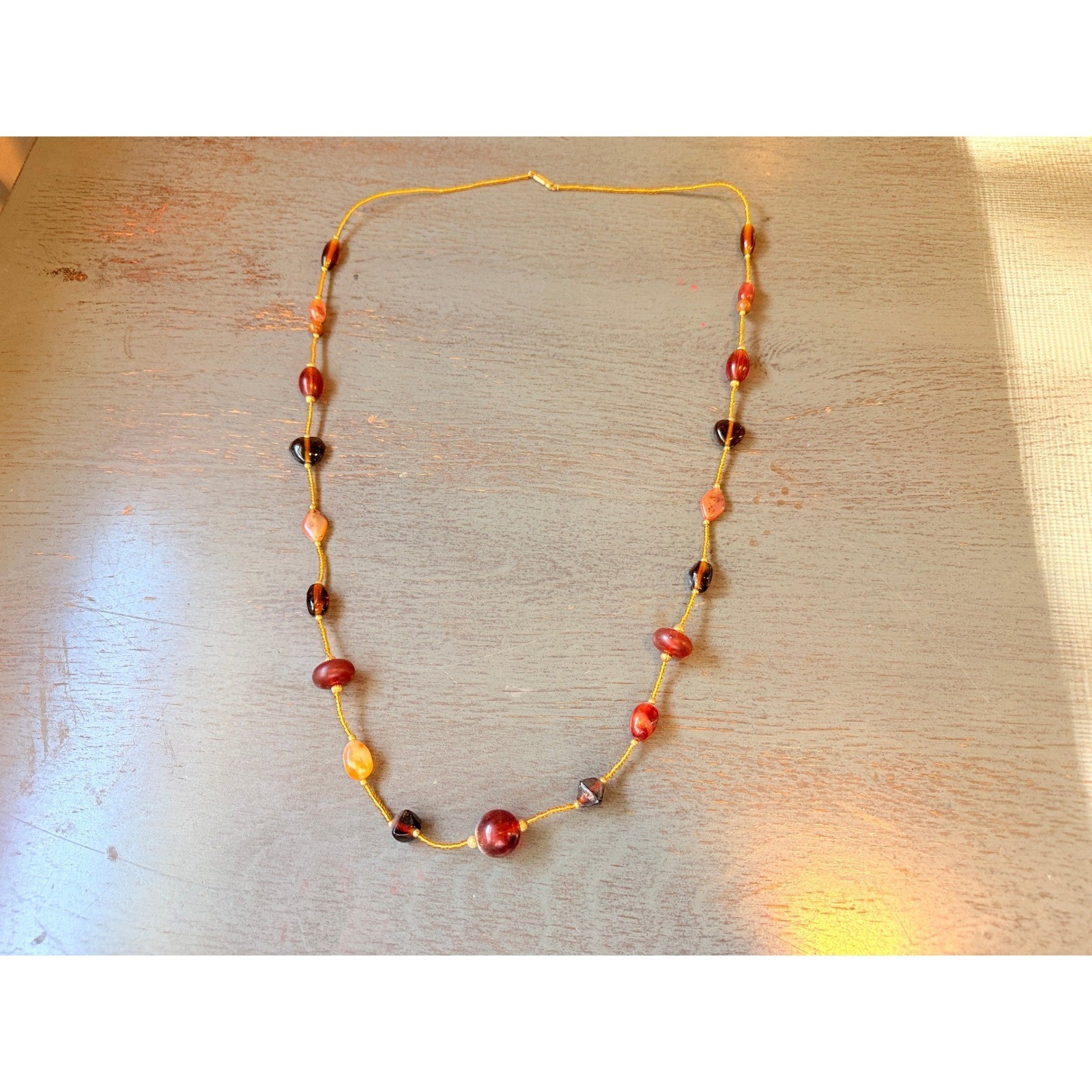 Vintage Earth Tone Beaded Long Necklace Amber Burgundy Gold Seed Bead 40 Inch