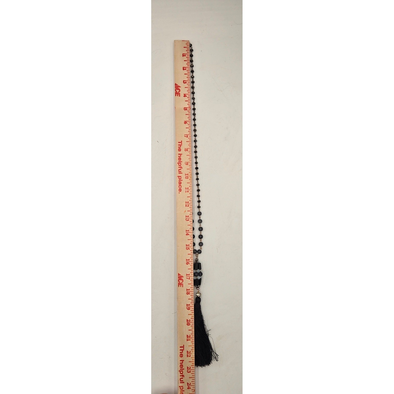 Womens Long Beaded Tassel Necklace Black Grey Faceted Stone Boho Statement