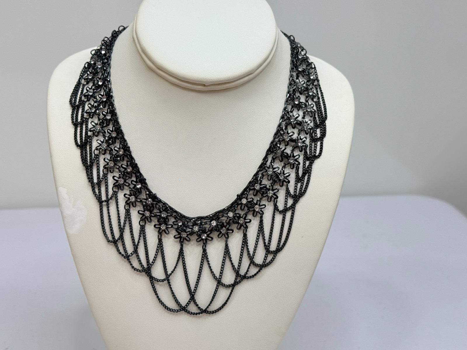 Stunning Statement Choker Necklace Goth Black Chains Clear Rhinestones 16-20 in