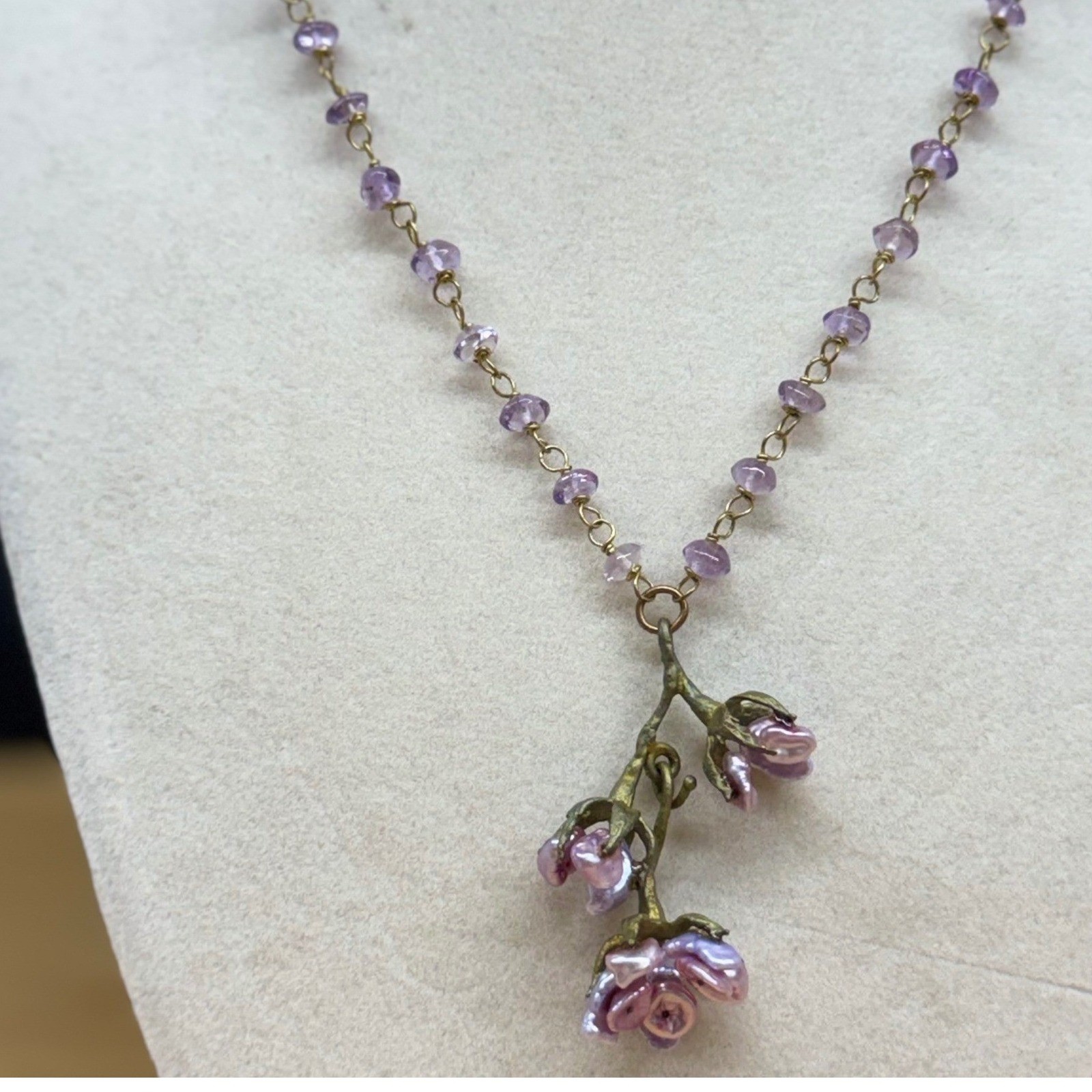 Amethyst Beaded Necklace Lavender Keshi Pearl Flower Branch Pendant Brass Tone