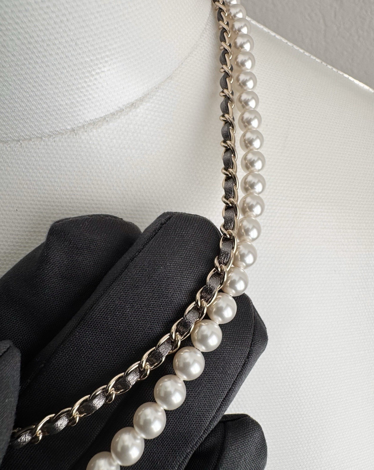 Chanel Pearl Crystal CC Necklace Bronze Leather 23P Adjustable Light Gold Chain