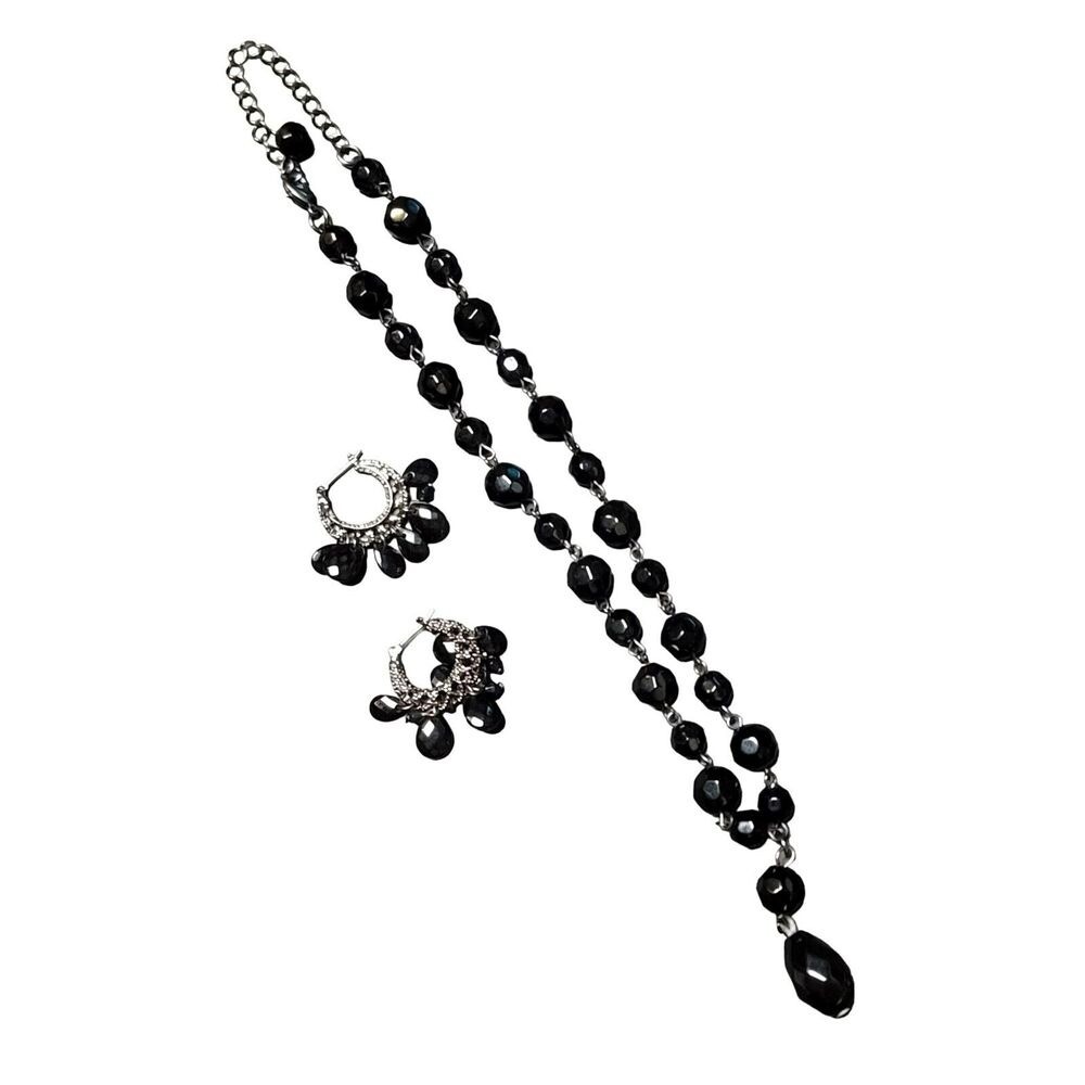 Fashion Necklace Earrings Set Black Beaded Pendant Jewelry