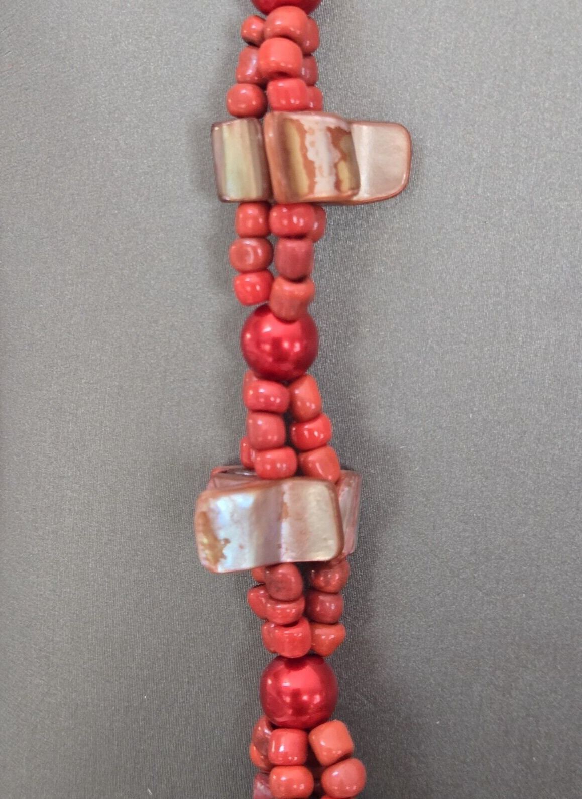 Red Beaded Moon Shell Multi Strand Necklace 22 Inches