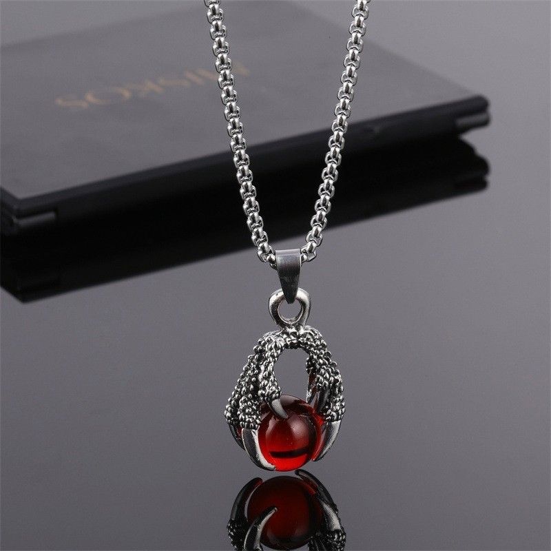 Punk Men’s Retro Dragon Claw Red Glass Bead Fashion Sweater Pendant Necklace