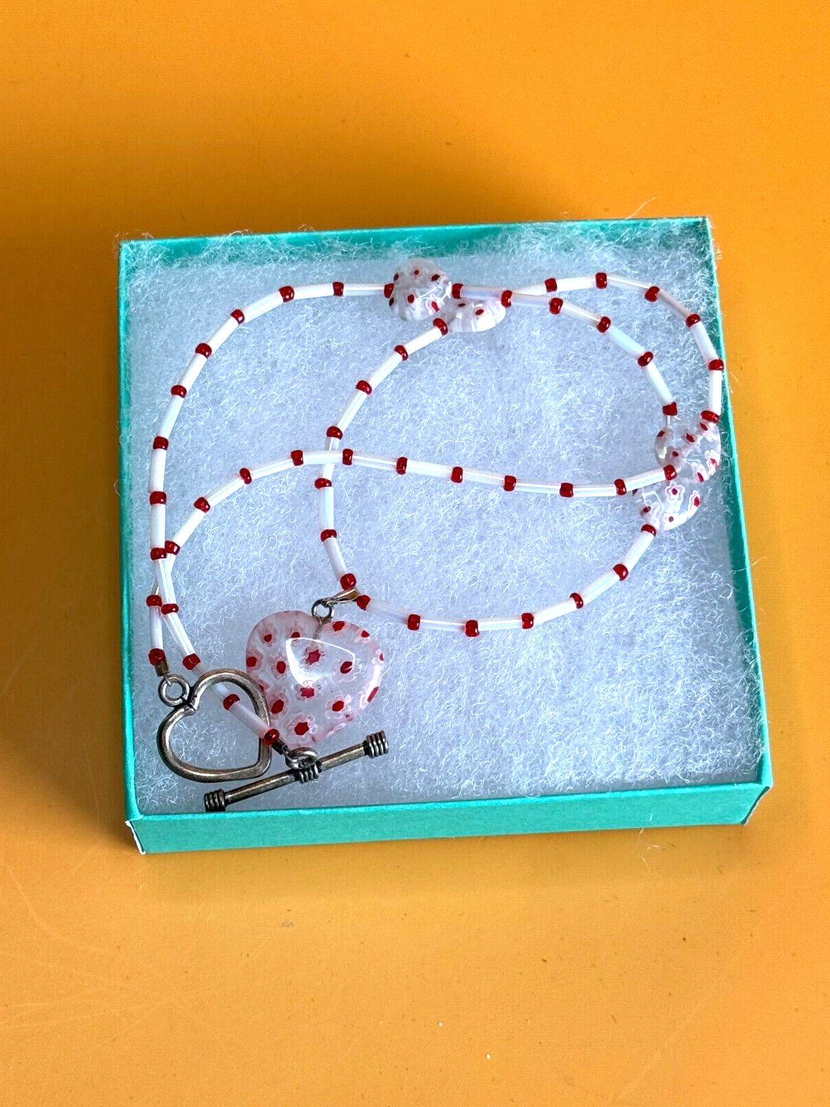 Valentine Heart Glass Beaded Red White Artisan Lots of Hearts Necklace 17″