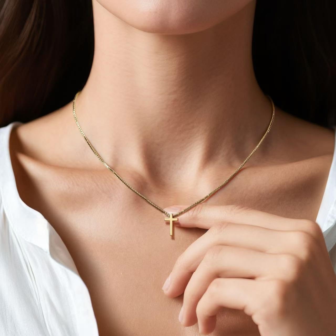 Gold Necklace for Women, Cross Dainty 18K Real one size, GOLD