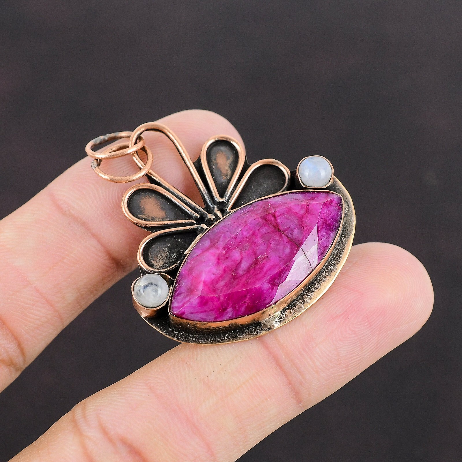 Mothers day Deal Kashmir Rubi Gemstone Rainbow Moonstone Bezel Pendant Copper