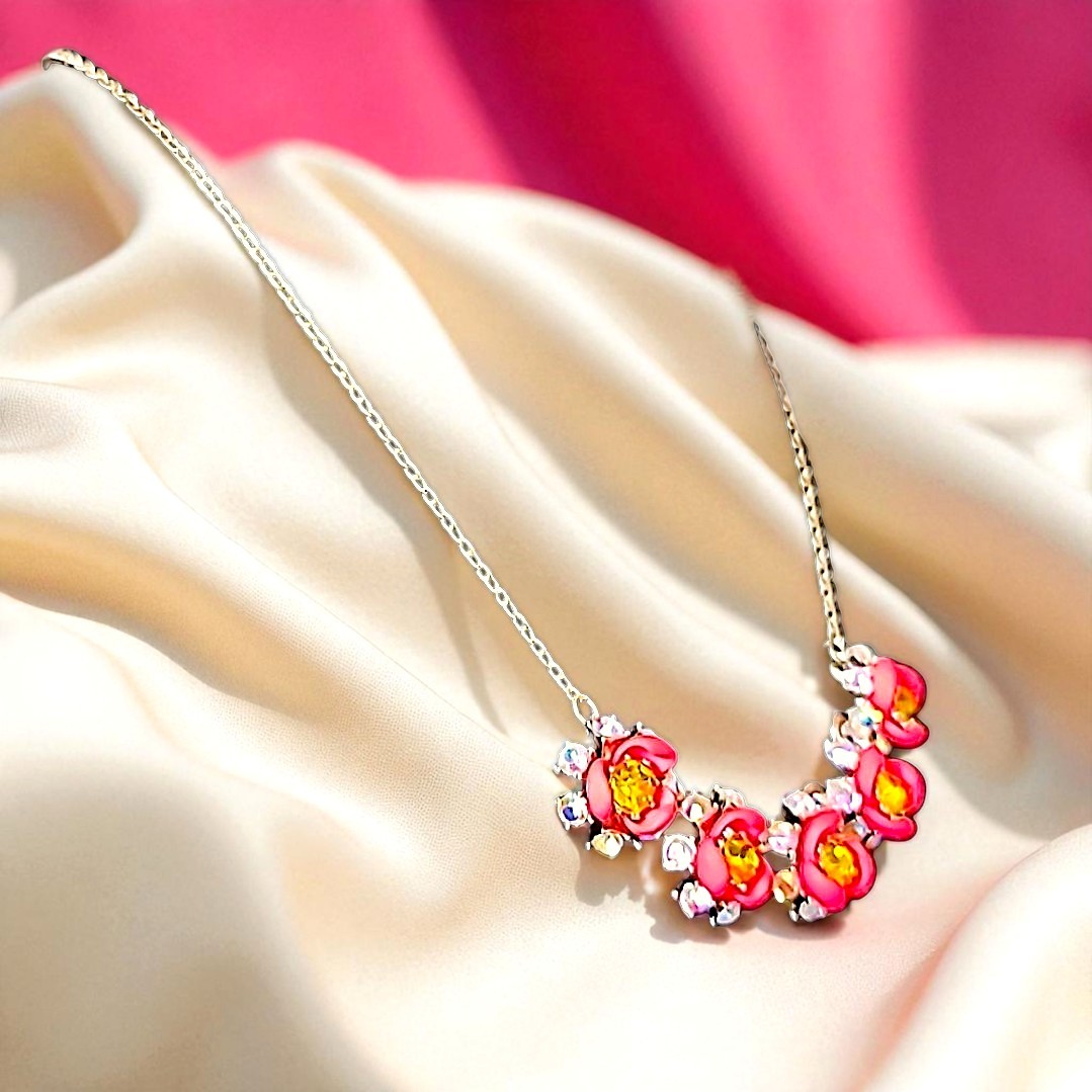 Pink And Green Crystal Flower Gold Chain Necklace With Adjustable Chain By BJ