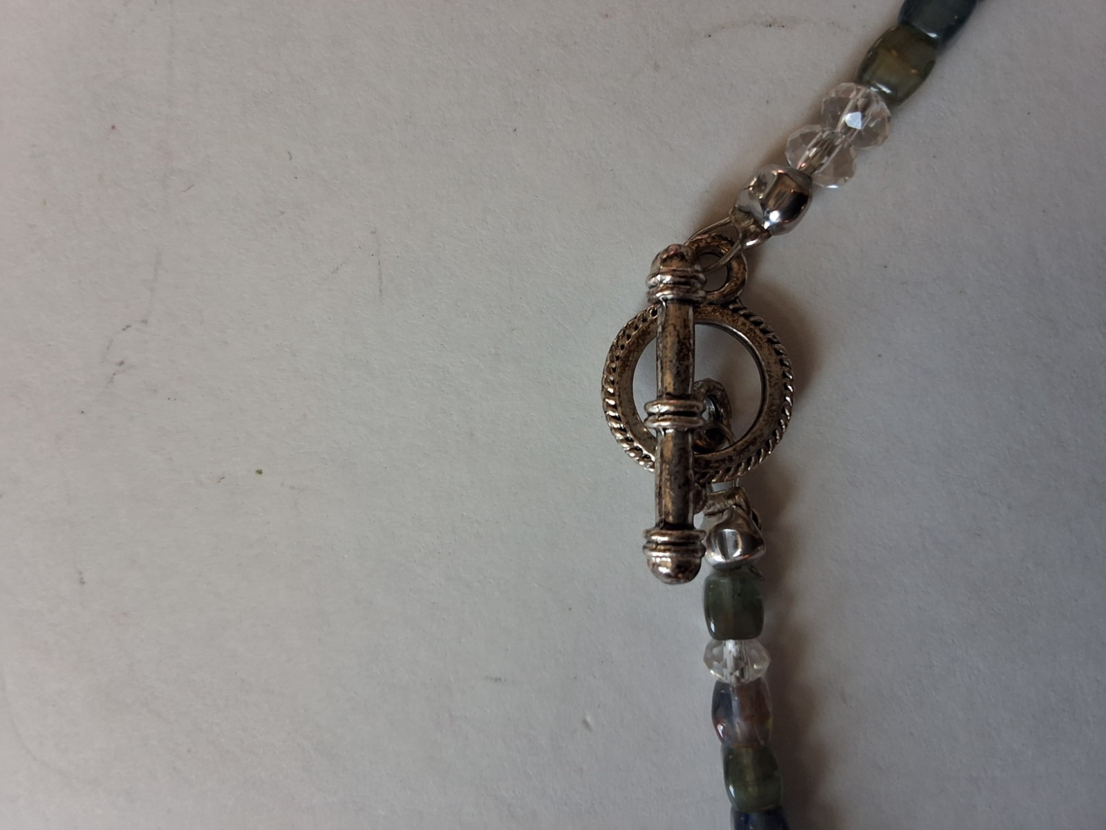 Iridescent Beaded Necklace With Gold Tone Miraculous Medal And Brooch