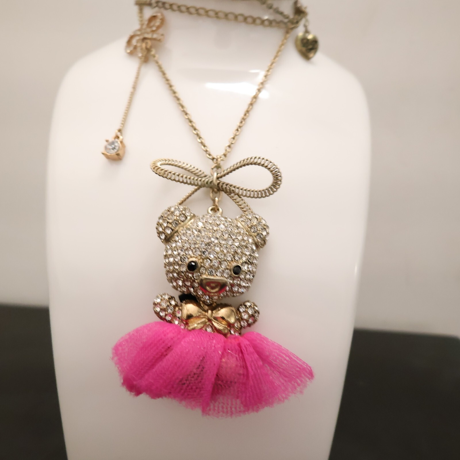 Betsey Johnson necklace teddy bear in ballerina costume magenta pink tutu signed