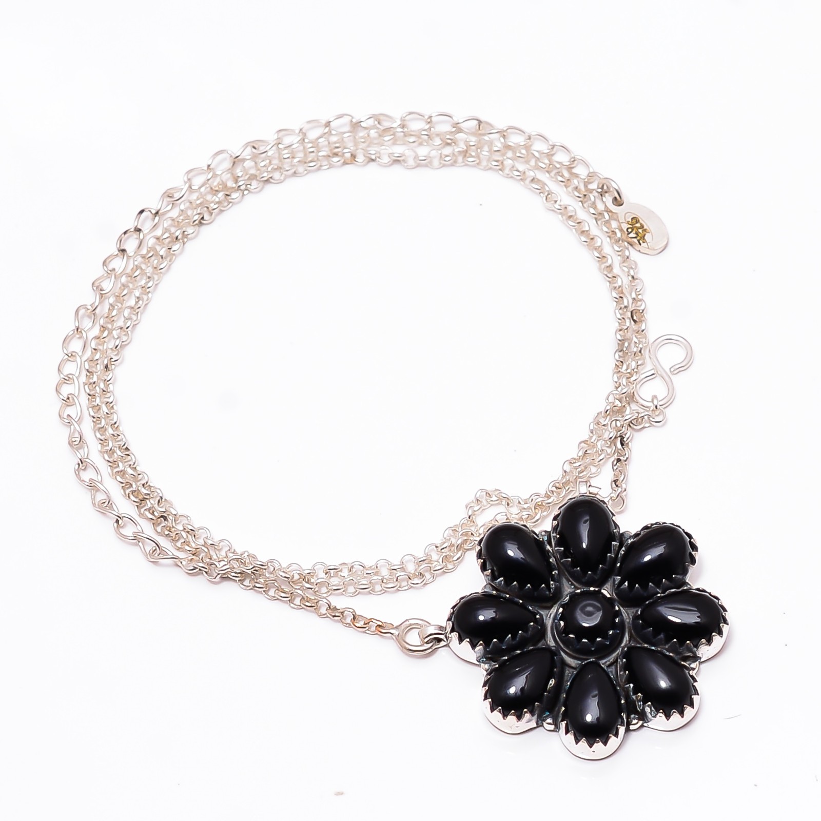 Black Onyx – Brazil 925 Sterling Silver Cluster Flower Necklace 19-23″ CP9571246